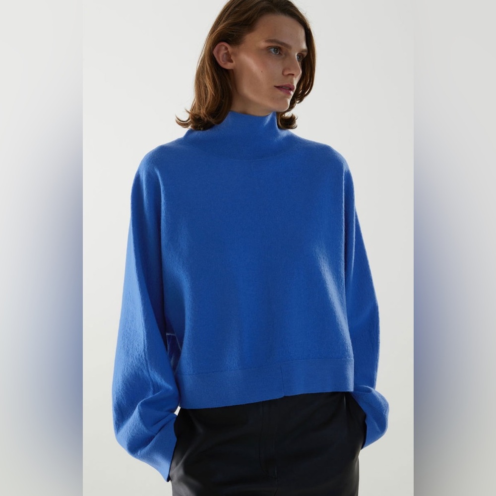 COS cropped mockneck boiled wool sweater in vibrant blue